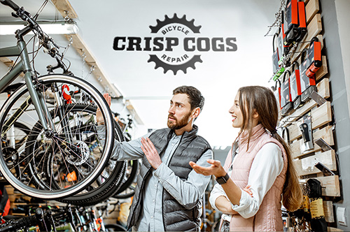 Shoppers look over a rack of bikes